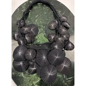 Recycled Textile Black & Silver Saucer Disc Bib Necklace Handmade Art to Wear